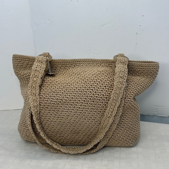 The Sak  crochet Tan Tote Bag with Purple Flower Accent - Picture 3 of 9